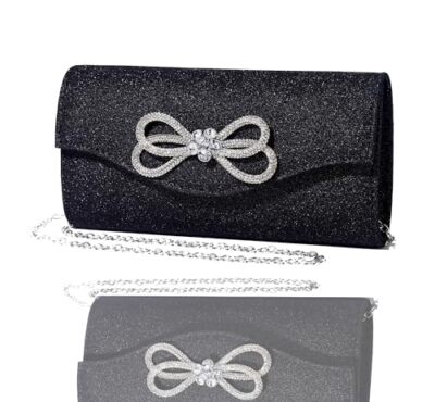 Women Diamond Bow Evening Bag Rhinestone Clutch Purse Wedding Prom S-black 