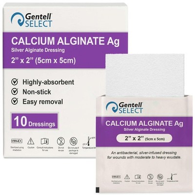 AG Silver Calcium Alginate Wound Dressing, 2''x2'' - 10 Sterile, Non Stick, and...