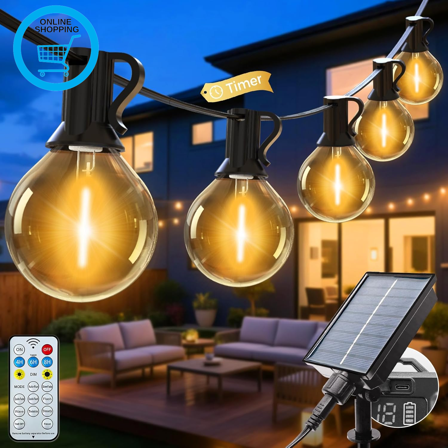 20M/65FT Solar Festoon Lights Outdoor with Remote, 25+2 Bulbs Solar String Light