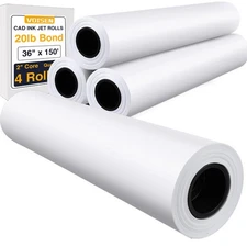 Wide Format Paper,4 Rolls Plotter Paper 36 In x 150 Ft, CAD Bond Rolls,20lb,B...