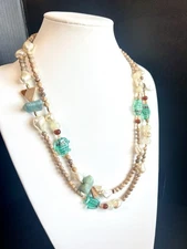 Vintage 52” Wrap Necklace Aqua Green Glass Fish Riverstone Bead NOS RO-DO BL