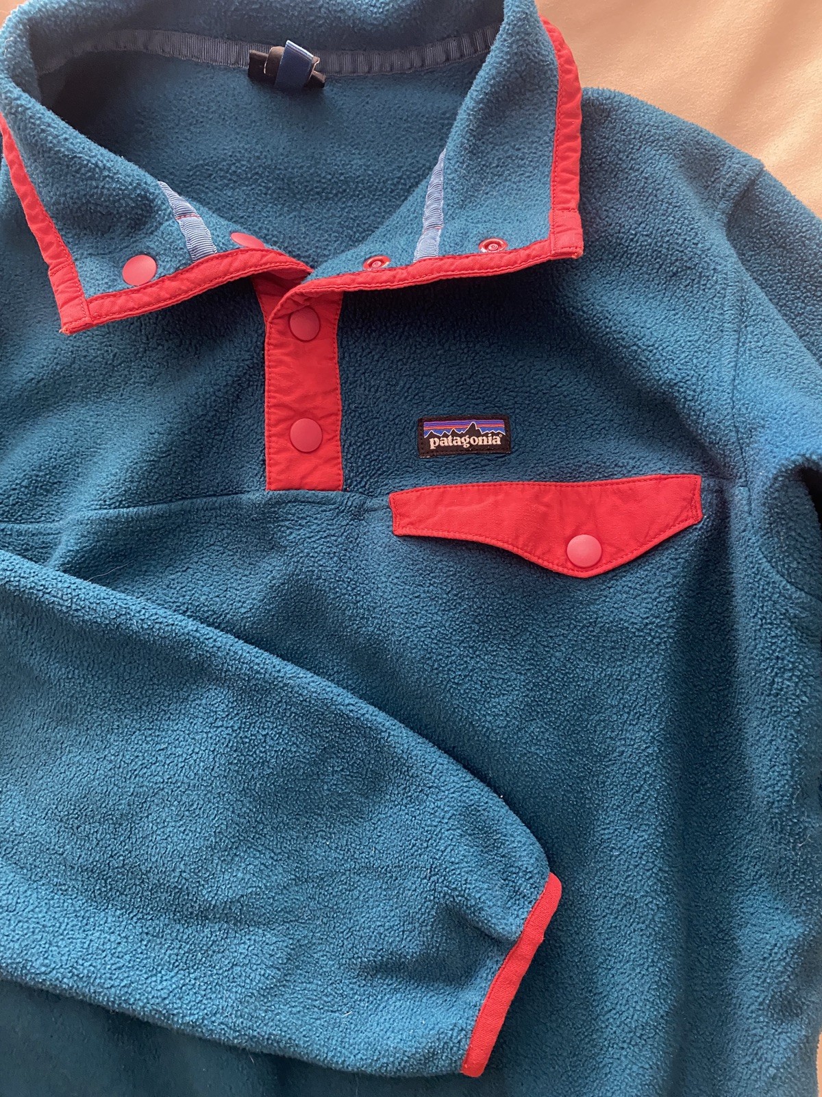 Patagonia Synchilla Snap-T Fleece Kids L 12 Pullover Snaps Colorblock Blue Red  thumbnail 4