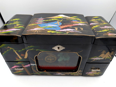 Vintage Japanese Rickshaw Black Lacquer Jewelry Music Box Hand Paint Large