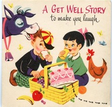 UNUSED Vintage Get Well Greeting Card Kids Farm Picnic Word Game Mad Libs c1950s