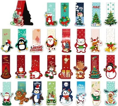 Agoer Christmas Magnetic Bookmarks Bulk,30 Styles Bookmark for Kids,Cute Santa