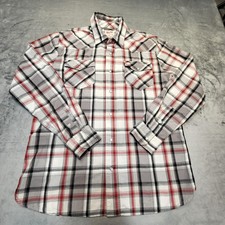 Levis Shirt Mens Medium Gray Red White Plaid Pearl Snap Western Modern Fit