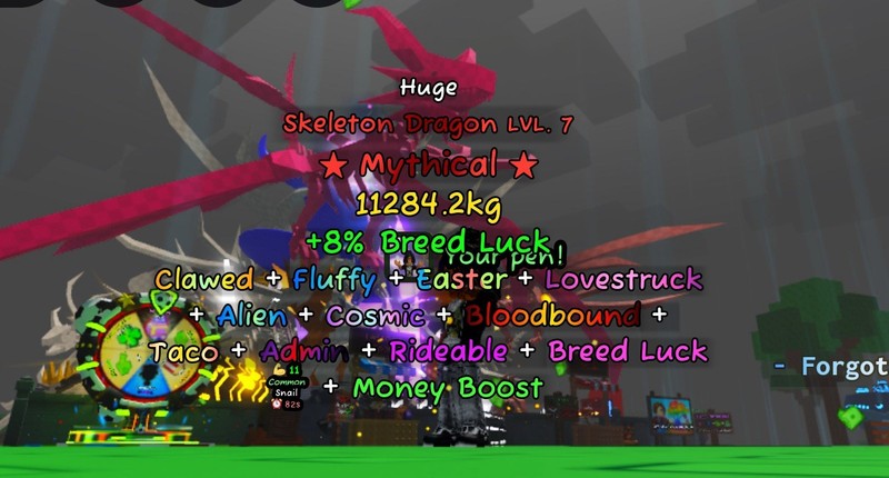 Catch and Tame Huge Skeleton Dragon Mythical LVL 7 ID 11284.2kg +8% Breed Luck