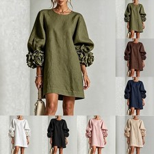 Women's A-Line Skirt Dress O Neck Puff Long Sleeves 3D Floral Cuff Decor