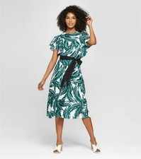 Who What Wear Linen Blend Palm Print Tropical Midi Dress XS Resort Vacation