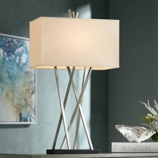 Modern Table Lamp Brushed Steel White Shade for Living Room Family Bedroom
