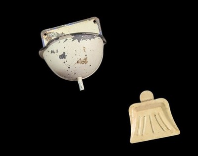 Vintage dollhouse Wall Mount Mini Sink  Dust Pan Set Enamel Metal Rustic Charm