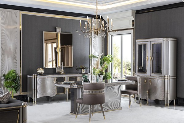 Esszimmer Set Grau Esstisch Luxus 4X StüHle Anrichte Spiegel Vitrine Luxus 8Tlg.-image