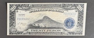 Philippines 1944 20 Pesos Victory Note Pick 100 Mt. Mayon WWII XF AU est.