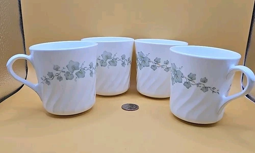 Vtg Set of 4 Corning Corelle CALLAWAY Green Ivy Coffee Swirl Cups Mugs 8oz