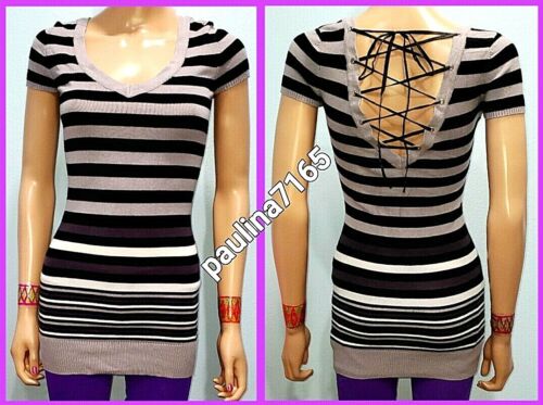 2b BEBE MULTI STRIPE Lace-Up Tunic Knit Top, SMALL(also fit XS) #T142 - Picture 2 of 3