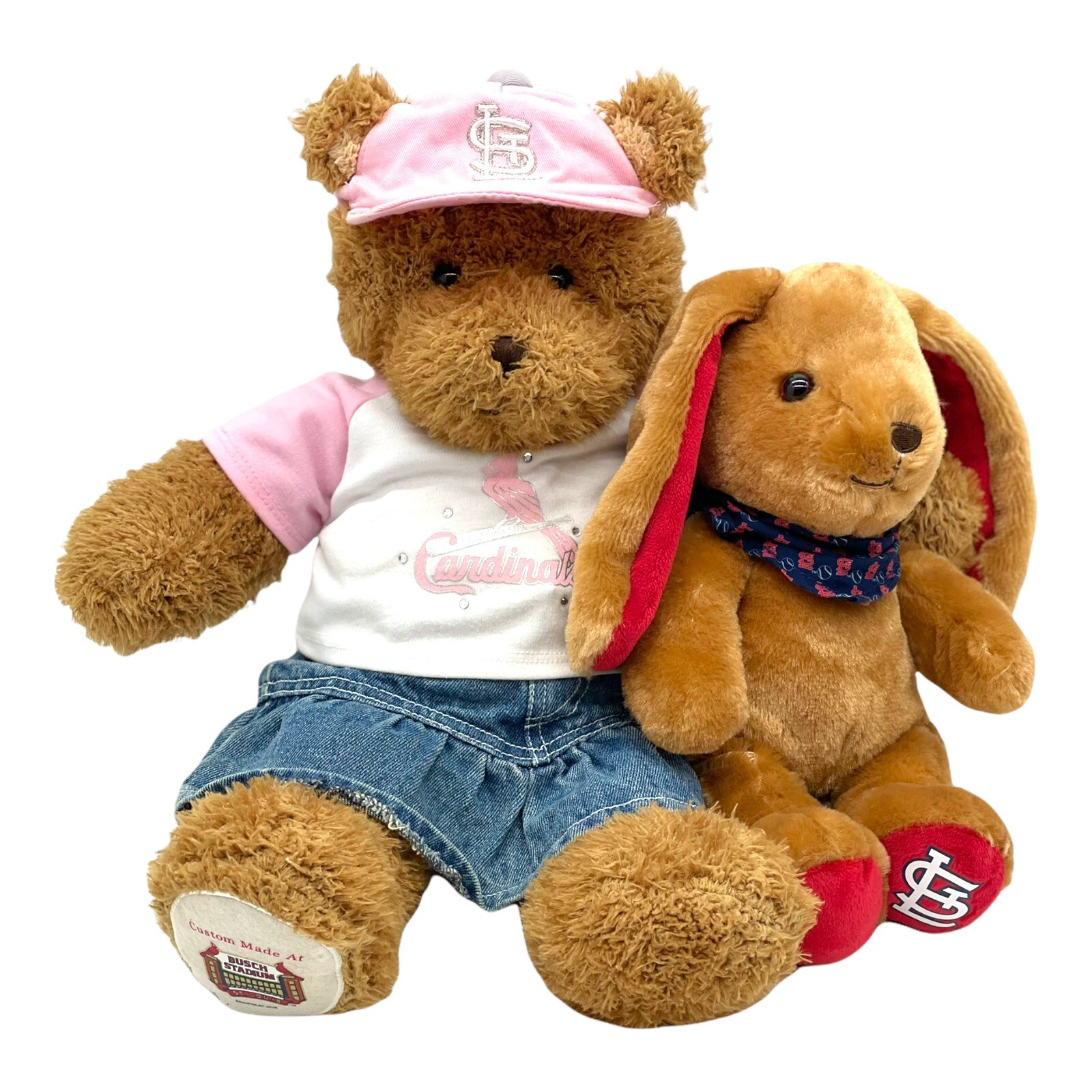 Build A Bear Plush Lot 18” Fuzzy Bear & 12”Rabbit Cardinals Baseball Outfit BABW