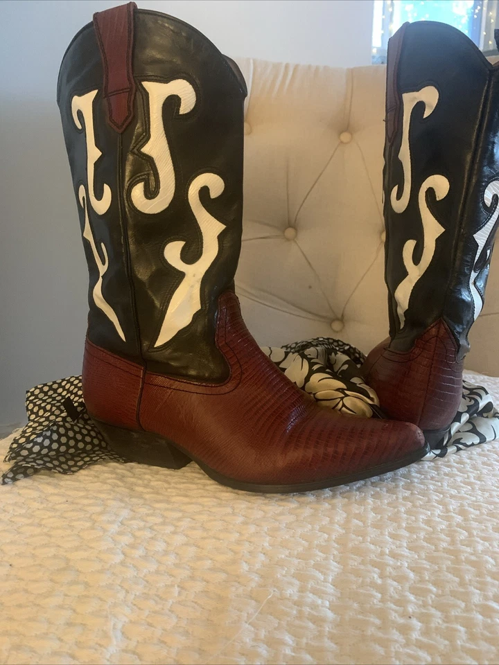 Botas de Vaquero Mujer Cuero Genuino Rojo/Negro Dos Tonos Borde Blanco Foto 4 de 4