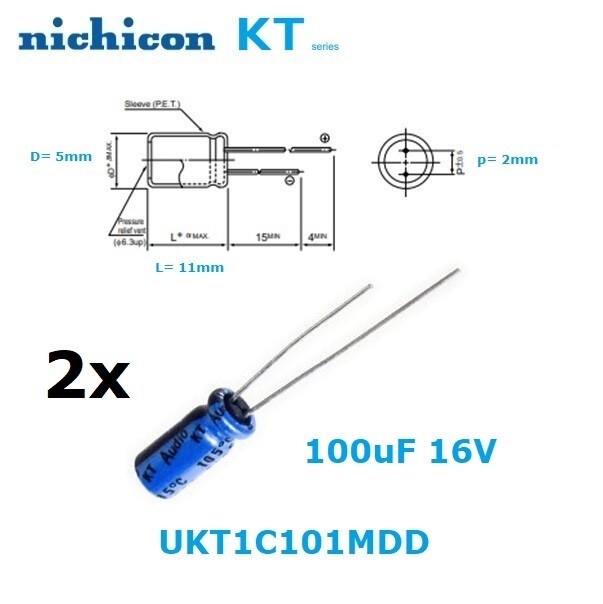 2x Nichicon KT ''Audio'' 100uF 16V, condensatore elettrolitico, UKT1C101MDD