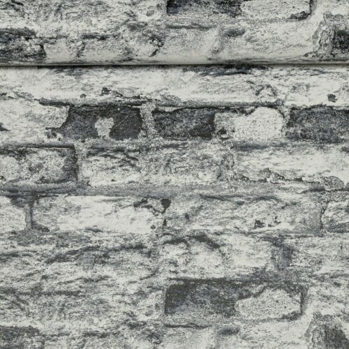 Charcoal Grey Mix Wallpaper White Rustic Distressed Brick Textured Vinyl - Picture 1 of 5