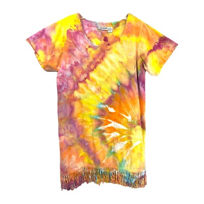 Las Olas Large Dress Handmade Tie Dye Fringe Hem Short Sleeve Shift Knee249