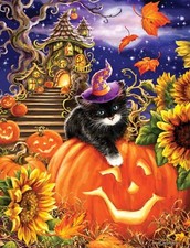 500 Piece Halloween Puzzle Black Kitten Jack O Lantern Sunflower Field