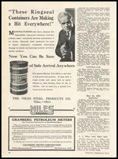 1928 The Niles Steel Products Co. Ohio "Ringseal" Leak Proof Containers Print Ad