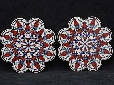 Two (2) TURKISH IZNIK POTTERY MULTICOLOR Scalloped Hot Plate TRIVETS #4