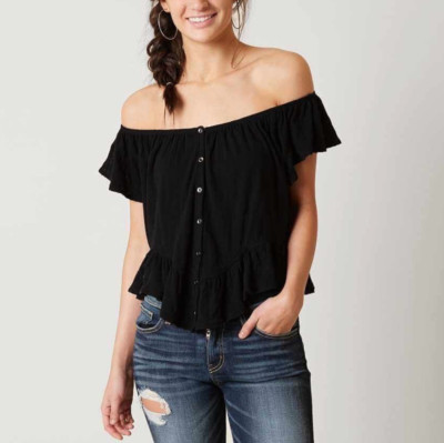 FREE PEOPLE WE THE FREE BLACK SHORT SLEEVE MINT JULEP OFF SHOULDER TEE TOP Sz XS