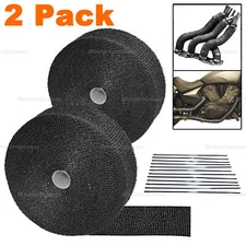 2 Pack 2'' x 50ft Black Pipe Header Manifold Exhaust Heat Wrap Tape with Ties