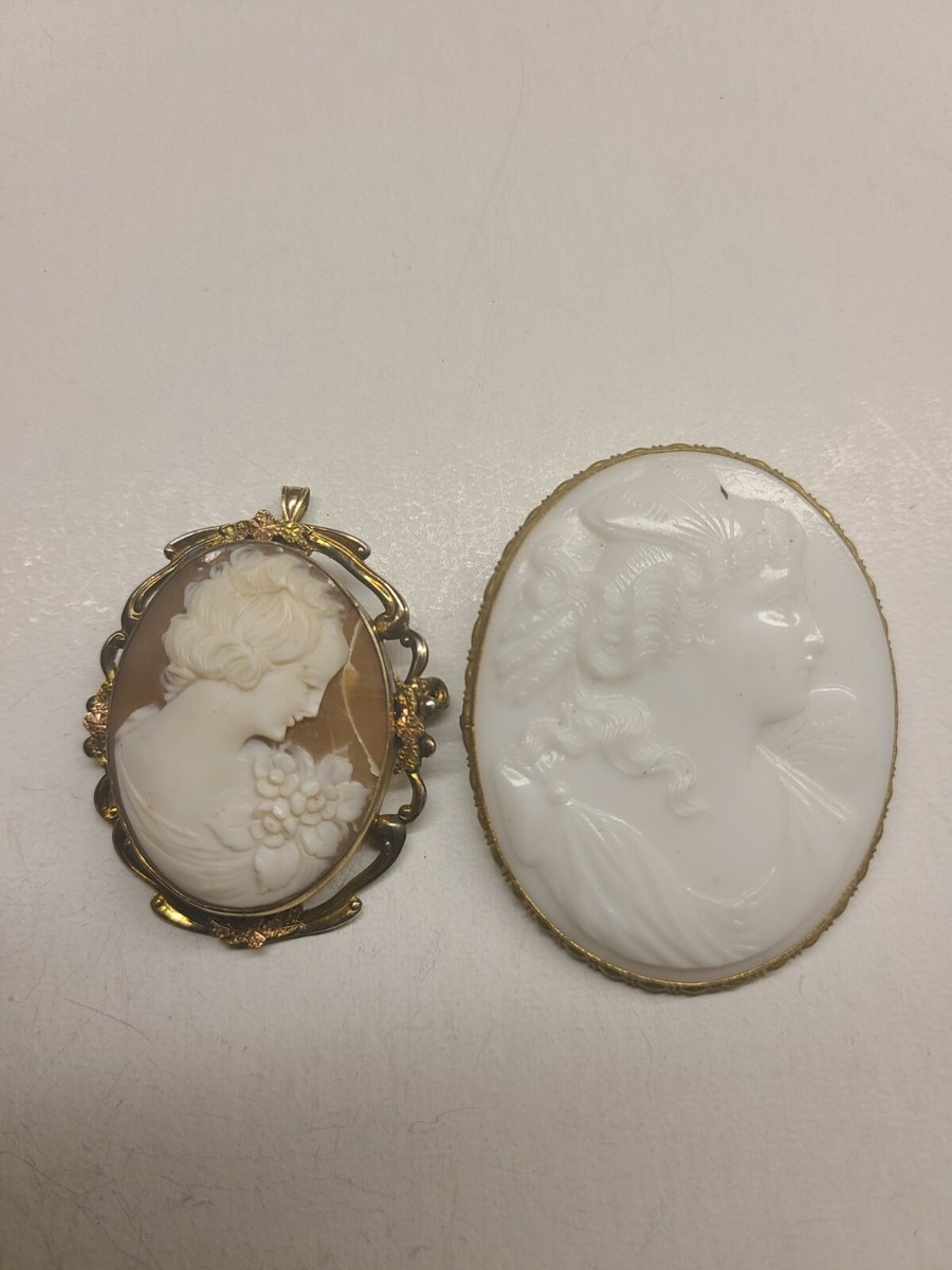 Antique Victorian gold filled shell cameo locket pendant Black