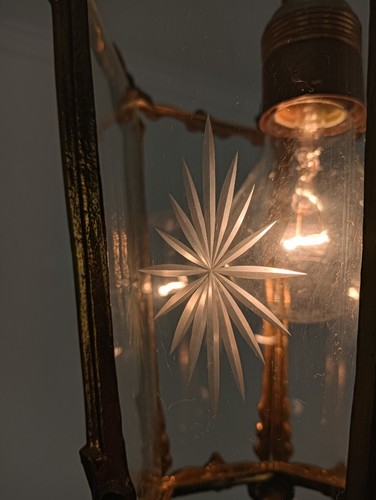 vintage Brass Etched Glass Lantern Pendant Ceiling Fixture Vintage 1 light Chand - Picture 7 of 7