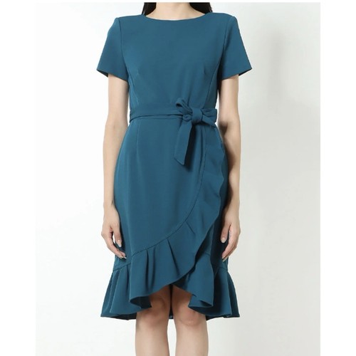NWT Calvin Klein Teal Blue Ruffle Tulip Hem Stretch Crepe Dress Size 10 - Imagen 2 de 13