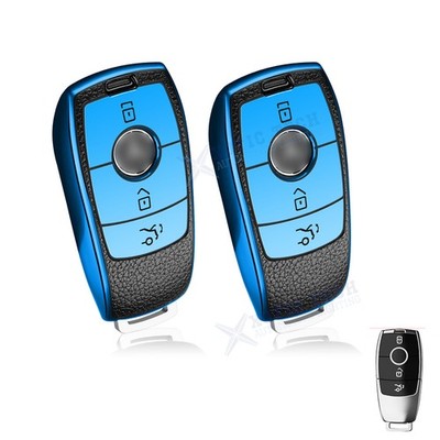 2Pcs TPU Leather 360 Protection 3 Button Blue Key Cover For Mercedes E S Class