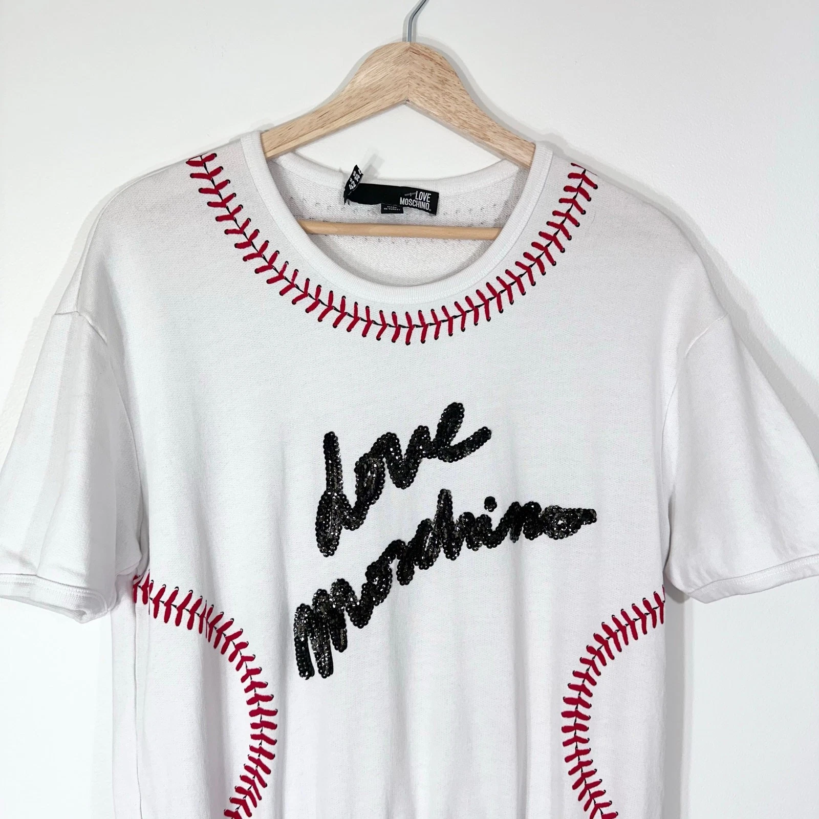 RARO Love Moschino Abito da Baseball Mini Novità Paillettes Nero Bianco TG 10