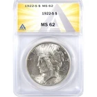 1922 S Peace Dollar MS 62 ANACS Silver Uncirculated $1 Coin SKU:I18627