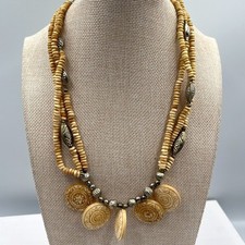 Vintage Tan Disc Bead Multistrand Necklace Patterned Medallion Boho Statement