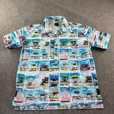 Evisu Ranch Shirt Men Medium White Blue Beach Hut Print Short Sleeve 100% Cotton