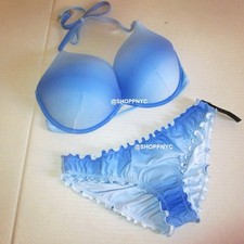 VICTORIA SECRET SWIM Bombshell Push Up Top Bikini Set 2 Cup Ruffle Cheeky Blue