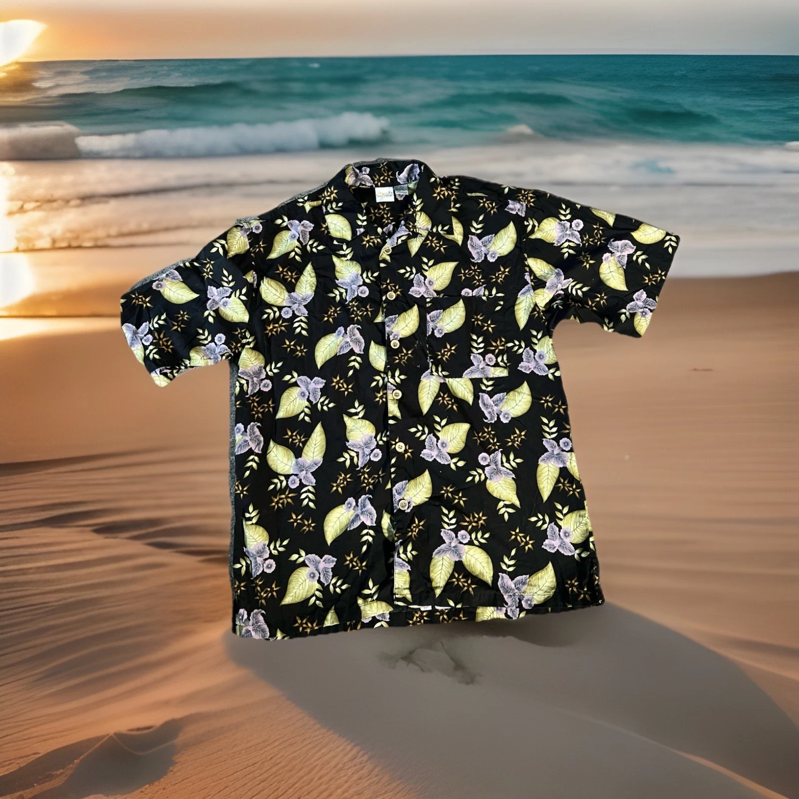 Vtg OP Button Down Shirt Large Black Purple Green Floral Short Sleeve