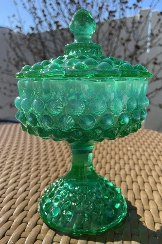Rare Fenton Emerald Green Opalescent Hobnail Large Compote. No Damage. Glows.