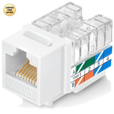 Everest 50 Pack White RJ45 Cat6 Keystone Jacks Slim Profile Angled Connectors