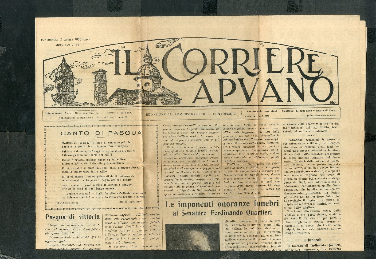 Giornale Il Corriere Apuano 1936 Pontremoli Massa g 212