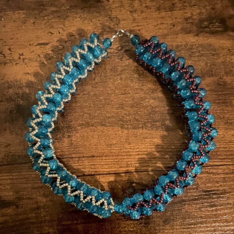 Handmade Blue Beaded Choker Necklace Woven Cord Hook Closure Silver Purple