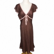 Vtg BCBG Max Azaria Y2K Brown Pink Silk Chiffon Tie Front Dress Fairy Coquette