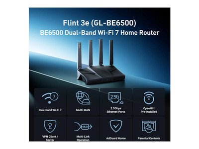 GL.iNet GL-BE6500 (Flint 3e) WiFi 7 Router, High-Speed WiFi Router for Wireless