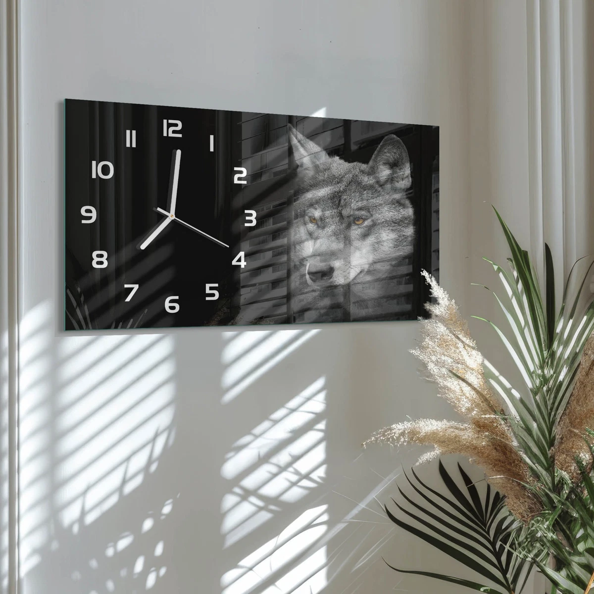 Reloj de Pared Rectangular Horizontal Cristal Decorativo Premium Lobo 60x30 cm