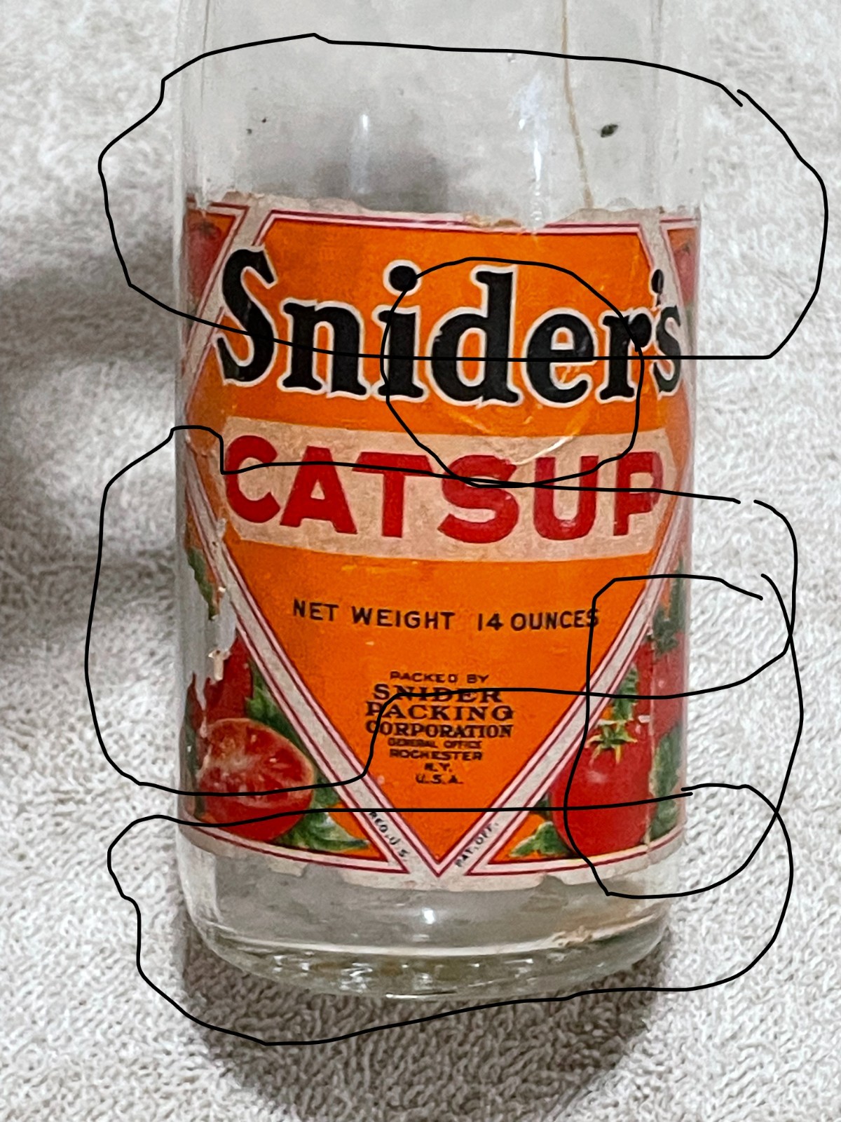Snider's Catsup Paper Label Glass Bottle Rochester, NY As Seen