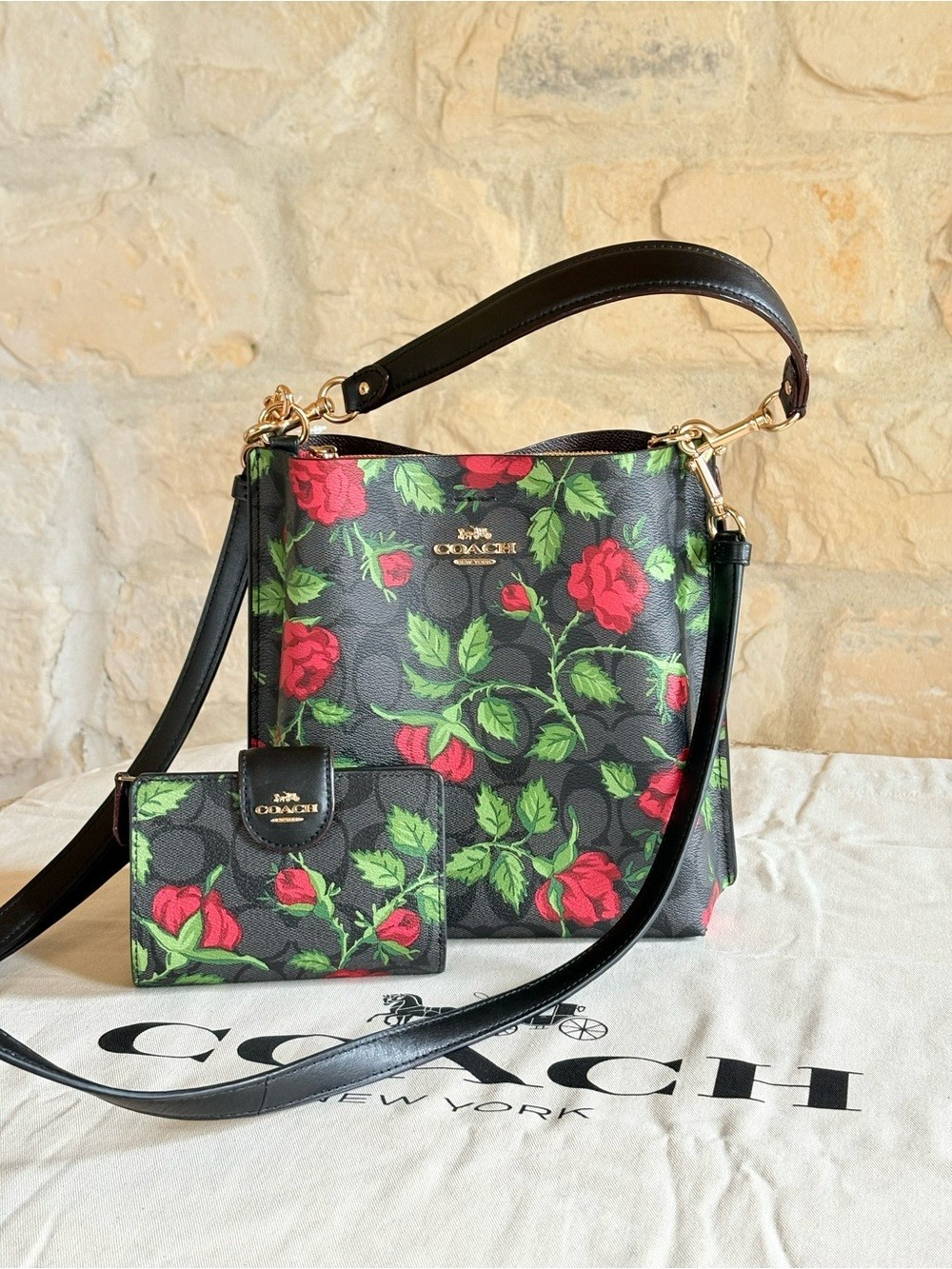Coach Mollie Bucket Bag 22 In Signature Leather Fairytale Rose Print+Wallet NWT