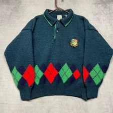 Vintage 90s Gap Sweater Kids XL Green Argyle Diamond Johnny Collar Tight Knit