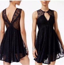 Free People Don't You Dare Lace Mini Dress in Black Combo Sz M Boho Goth Witchy